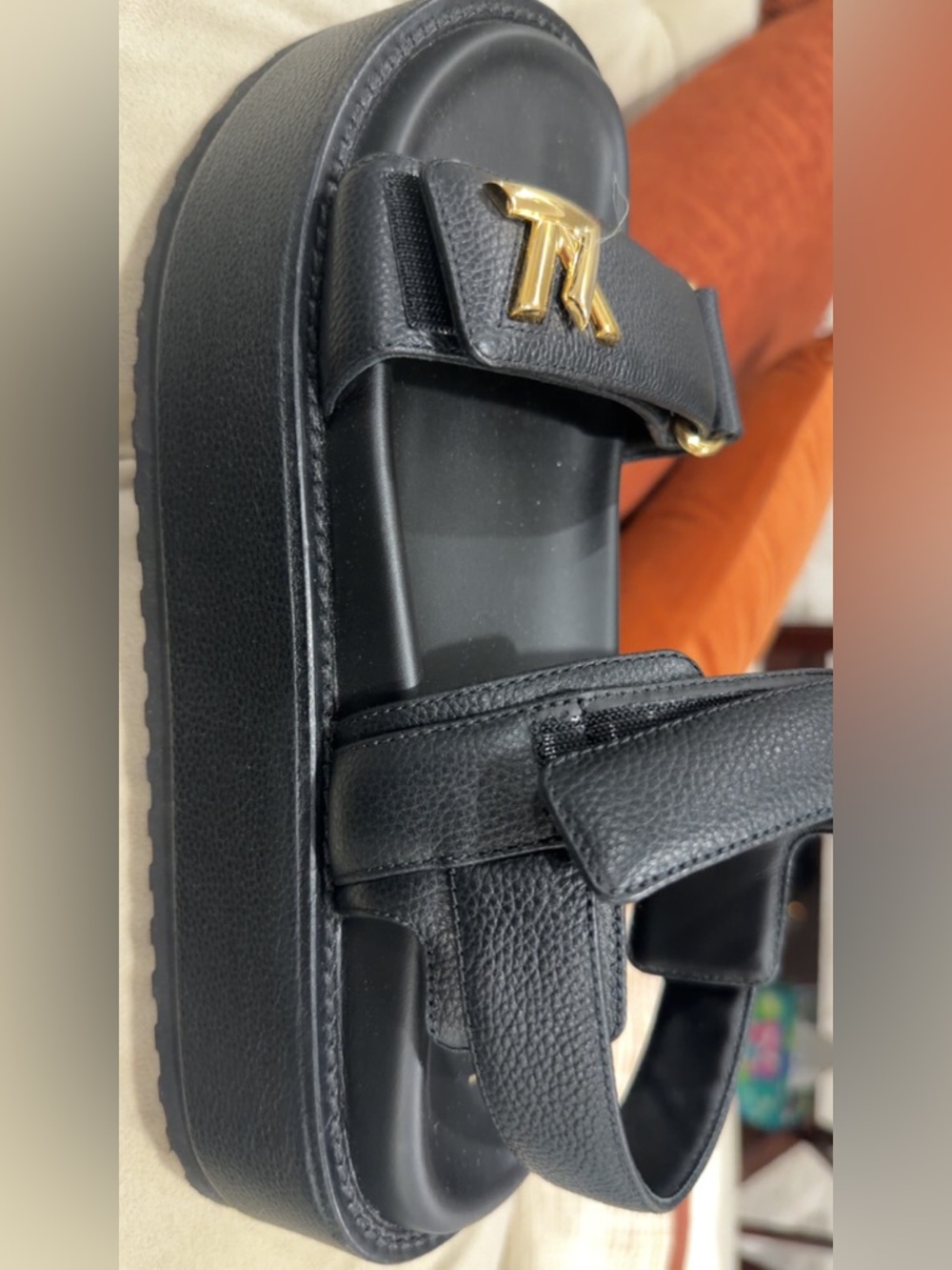 Louis Vuitton Black Leather womens Sandals with Gold LV Hardware - Picture 5 of 8